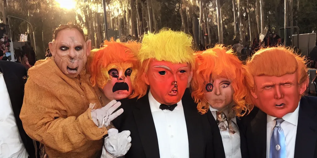 Image similar to photo of real life oompa loompas resembling donald trump, creepy!!!, scaly!!!, gritty!!!, menacing!!!, evil, ultra realistic, gritty, winter, golden hour, volumetric lighting, sharp focus