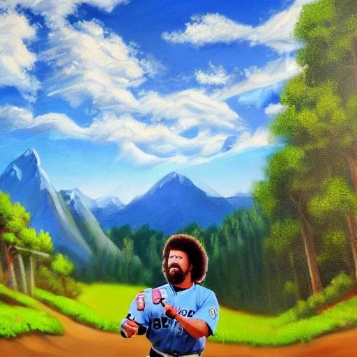 Prompt: a closeup photorealistic photograph of bob ross style kenny powers playing baseball, a painting on a canvas. mountains and trees. film still. brightly lit scene. this 4 k hd image is trending on artstation, featured on behance, well - rendered, extra crisp, features intricate detail, epic composition and the style of unreal engine.