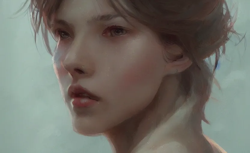 Image similar to a painting of virtualrose trending on artstation in the style of greg rutkowski, beautiful, young female, sensual, natural skin, brown hair, red rose