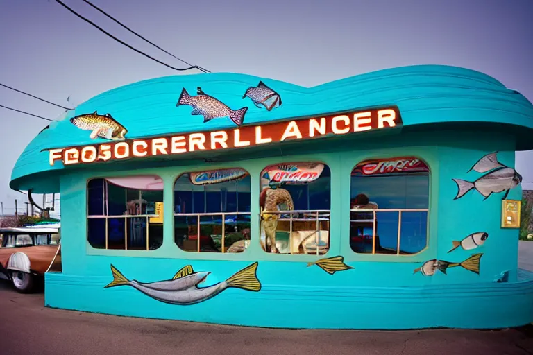 Image similar to 2 0 1 5 fish themed underwater american diner, googie architecture, two point perspective, americana, fishcore, restaurant exterior photography, 8 5 mm, taken by alex webb