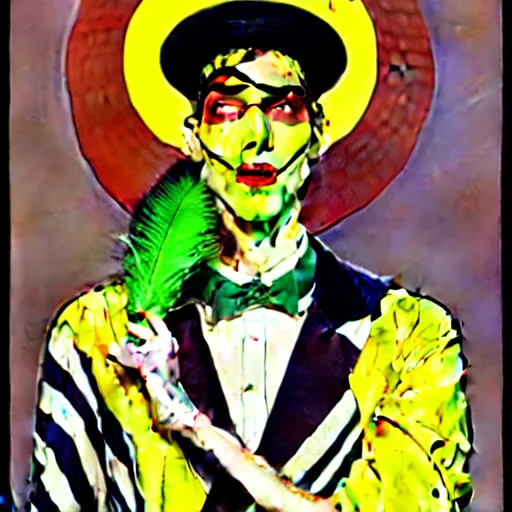 Image similar to art by joshua middleton, the yellow creeper, a tall manically smiling yellow - skinned man with green and black striped cycling shorts and wearing a long red feather boa, yellow makeup, mucha, kandinsky, poster, comic art, stylised design