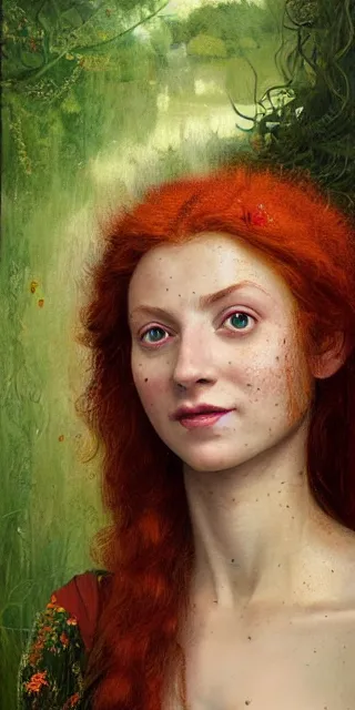 Image similar to young woman, smiling amazed of firefly lights, full covering intricate detailed dress, amidst nature, long red hair, precise linework, accurate green eyes, small nose with freckles, beautiful oval shape face, empathic, expressive emotions, dramatic lights, hyper realistic ultrafine art by artemisia gentileschi, jessica rossier, boris vallejo