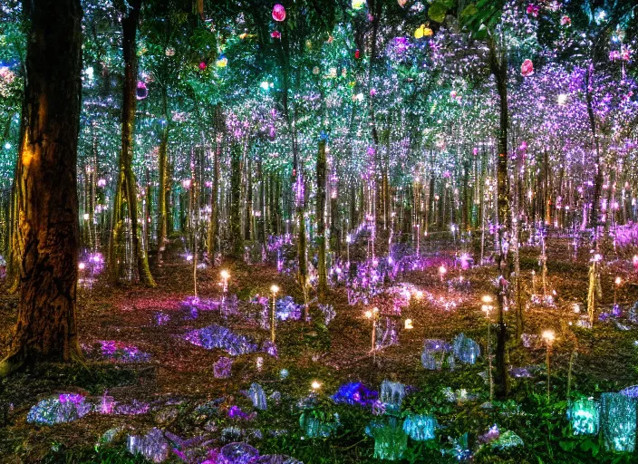 Prompt: a magical forest with occasional crystal flowers that glow in the dusk,