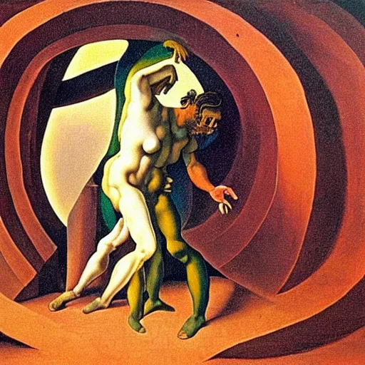 Image similar to optical illusion painting of a couple dancing in a worm hole, illusionism, mind blow, by michelangelo and salvador dali, detailed