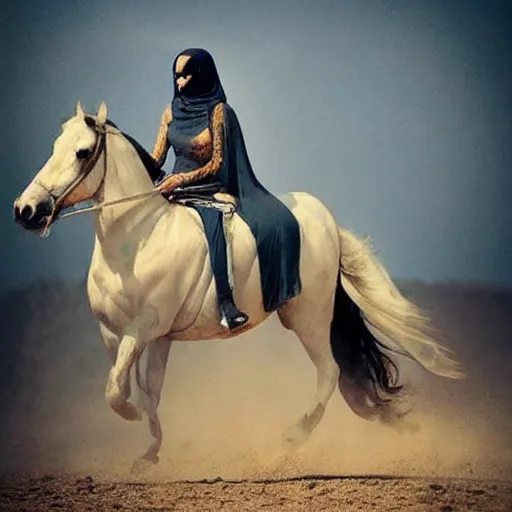 Image similar to burqa's woman, ride horse, taliban, riffle on chest, dust, cinematic, beautiful, dynamic pose, random content position, pinterest