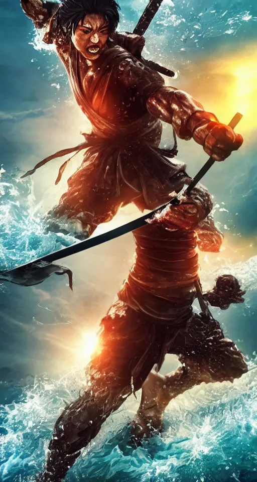 Image similar to man, warrior with katana of water wave, full body, water fists of fury, crazy hate face, jumping leaping heroic attack, action scene, kimi no yiba, ultra detailed, 4 k