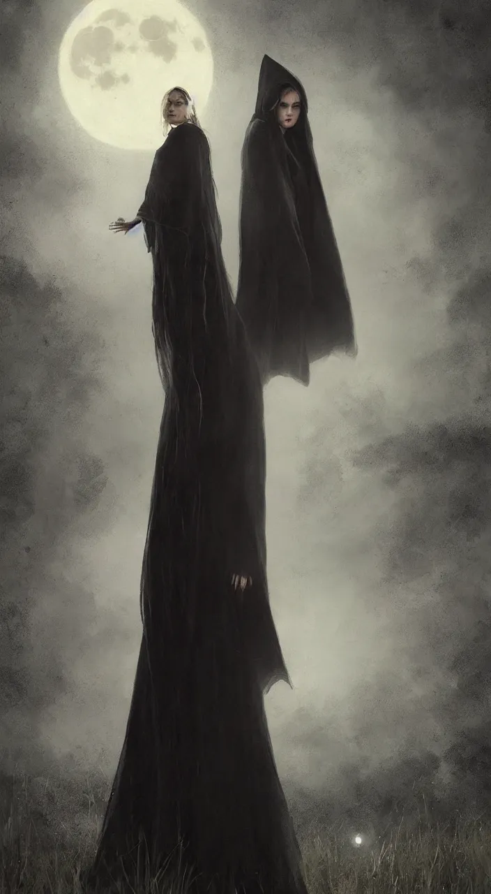 Prompt: young witch in a black robe standing in the grass withn full moon in the sky over her head, detailed face, highly detailed, by greg rutkowski