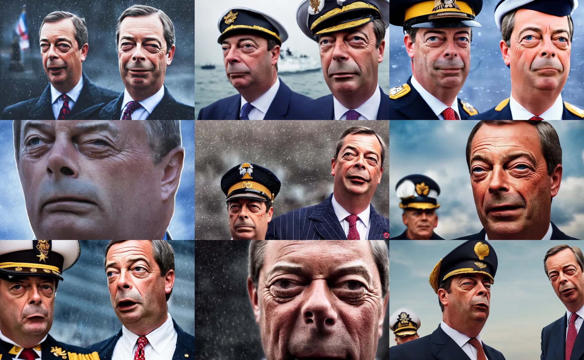 Prompt: cinematic close up artwork of nigel farage as an admiral with his navy behind him by greg rutowski, 4 k, masterpiece, raining