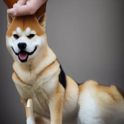 Image similar to close - up portrait of shiba inu holding huge mace in paws, ( eos 5 ds r, iso 1 0 0, f / 8, 1 / 1 2 5, 8 4 mm, postprocessed, sharp )