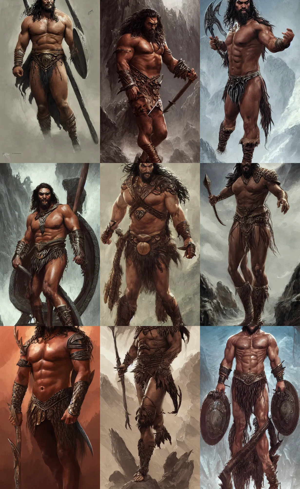 Prompt: jason momoa as conan, loincloth, symmetrical, front view, full shot, full body, digital painting, artstation, concept art, sharp focus, illustration, orientalism, art by aleksi briclot and greg rutkowski and raphael lacoste