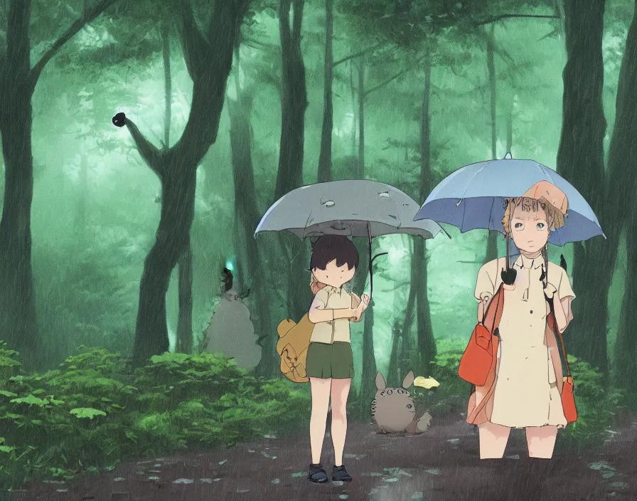 Prompt: A female Retzling with short blond air, standing with Totoro at a japanese bus stop, holding an umbrella, in the dark forest, rainy night, film screenshot, Studio Ghibli, Hayao Miyazaki,trending on artstation, —TEST