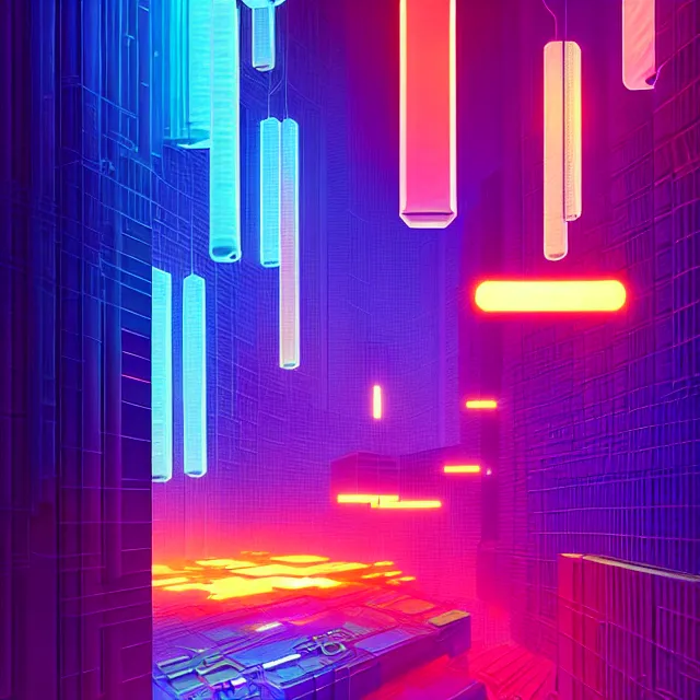 Image similar to a cyberpunk colorful cubes interconnected with glowing tubes, giant tubes connecting separate blocks, blockchain, symmetry, intricate, volumetric lighting, beautiful, rich deep colors masterpiece, sharp focus, ultra detailed, in the style of john harris