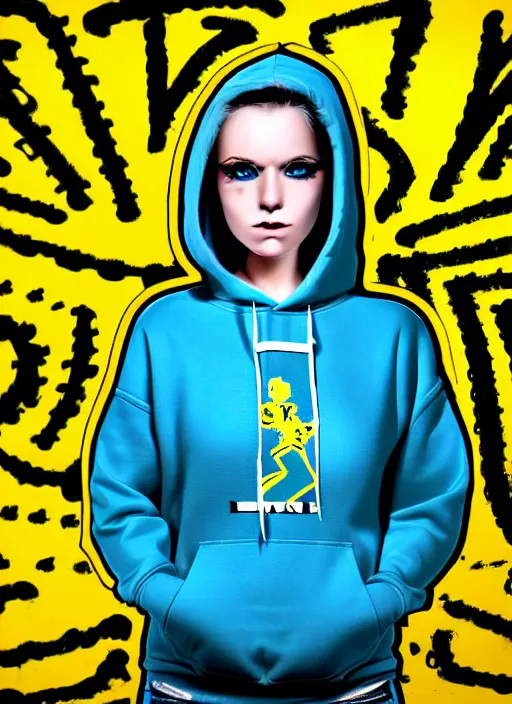 Image similar to highly detailed portrait of a city punk lady student, blue eyes, hoodie, white hair by al feldstein, gradient yellow, black, brown and cyan blue color scheme, grunge aesthetic!!! ( ( graffiti tag wall background ) )