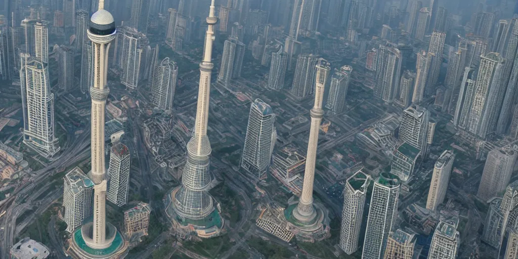 Prompt: a very high resolution image from a new movie, oriental pearl tower, front view, photorealistic, photography, directed by wes anderson