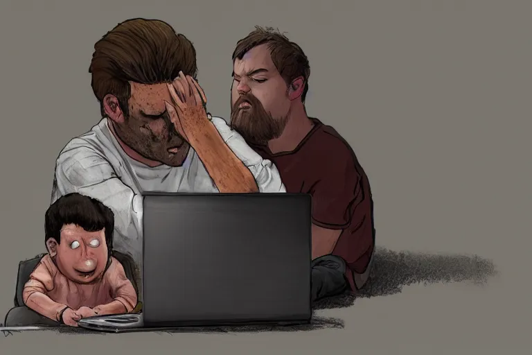 Prompt: hangover man sitting behind laptop and sad crying kid staying near the man. high detail, trending on artstation