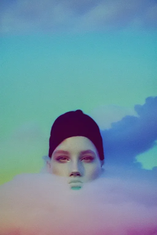 Image similar to high quality pastel coloured film close up wide angle photograph of a model wearing clothing swimming on cloud furniture in a icelandic black rock!! environment in a partially haze filled dreamstate world. three point light, rainbow. photographic production. art directed. pastel colours. volumetric clouds. pastel gradient overlay. waves glitch artefacts. extreme facial clarity. 8 k. filmic.