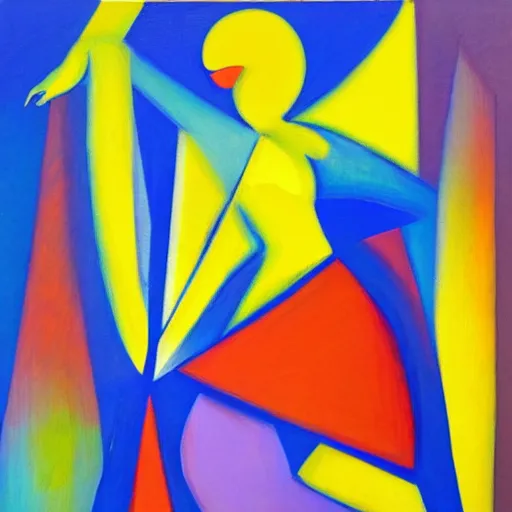 Prompt: woman woman dances with grace by the river and crosses the bridge at sunset , abstract art in the style of cubism and georgia o’keefe ,