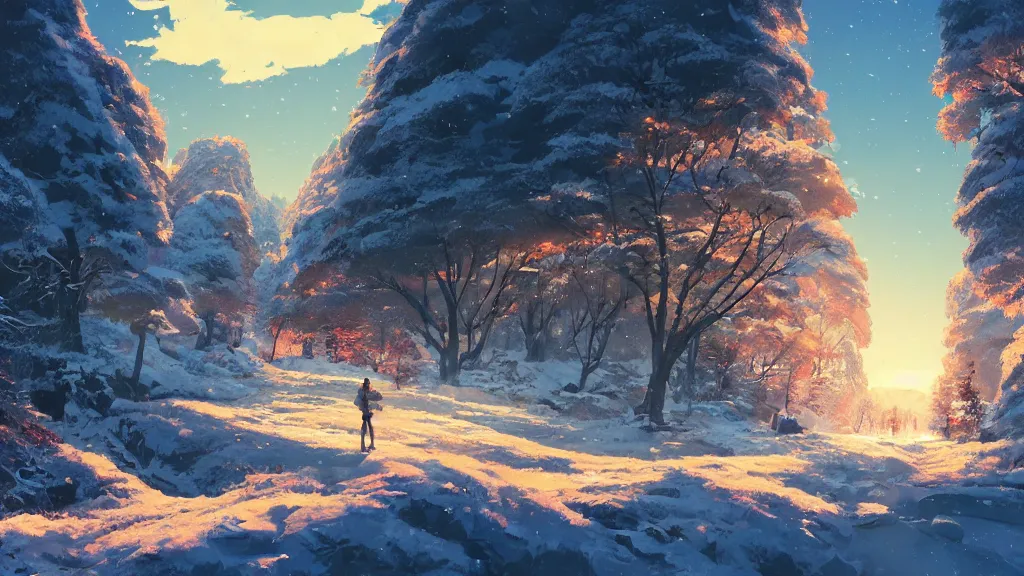 Image similar to landscape of a snowy mountainous region, rich vivid colors, ambient lighting, dynamic lighting, 4k, HQ, official media, anime key visual, makoto shinkai, ilya kuvshinov, lois van baarle, rossdraws, detailed, trending on artstation