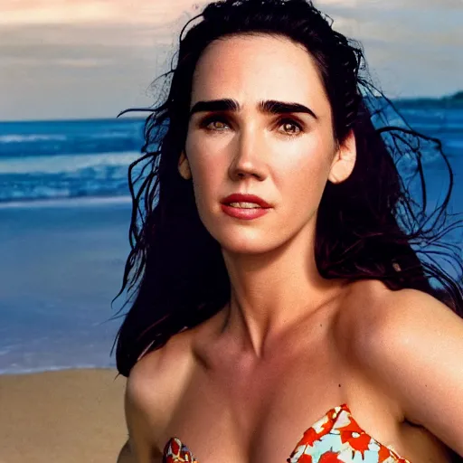 Image similar to Portrait Photography, medium closeup of young jennifer connelly poses in 2 Piece Mini Micro Push Up Swimsuits at summer beach, confident pose, fierce expression, intricate details, detailed face, detailed illustration, impressive lighting, symmetrical features, ultra detailed, 12 megapixels