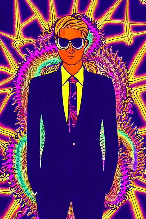 Image similar to psychedelic trippy dmt magnanimous opulent sophisticated businessman in an expensive business suit