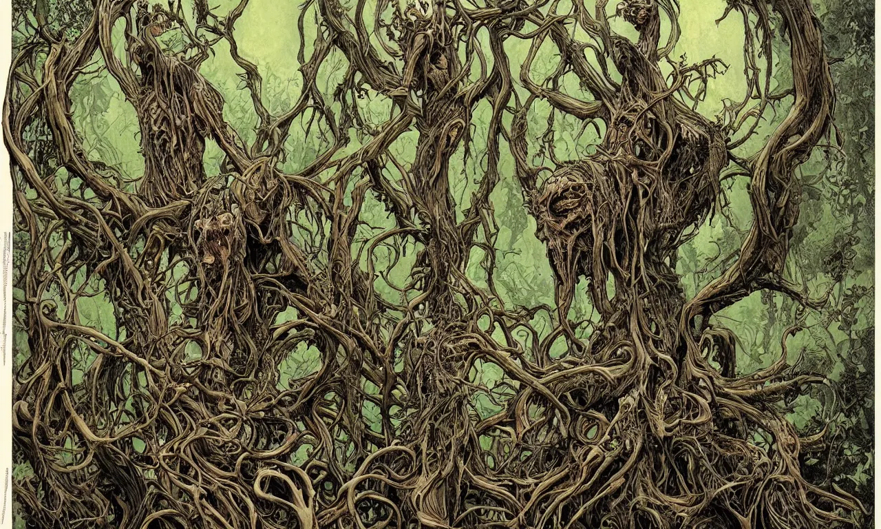 Image similar to hyperdetailed art nouveau portrait of treebeard and old groot as a cthulhu eyeball moose skull wendigo swamp thing cryptids, by michael kaluta, simon bisley and bill sienkiewicz, photorealism, claws, skeleton, antlers, fangs, forest, wild, bizarre, scary, lynn varley, lovern kindzierski, steve oliff