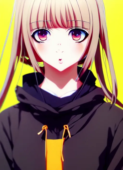 Image similar to anime portrait of a beautiful blonde, yellow - orange eyes, ilya kuvshinov, black clothing, head tilt, anime, pixiv top monthly, trending on artstation, cinematic, danbooru, zerochan art, kyoto animation