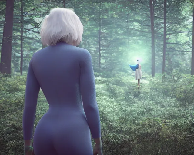 Image similar to a female angel : : one white wing, the other a dark midnight blue with tiny stars inside it : : with blonde hair just past her shoulders, standing in a forest with her back to camera : : octane render : : 8 k