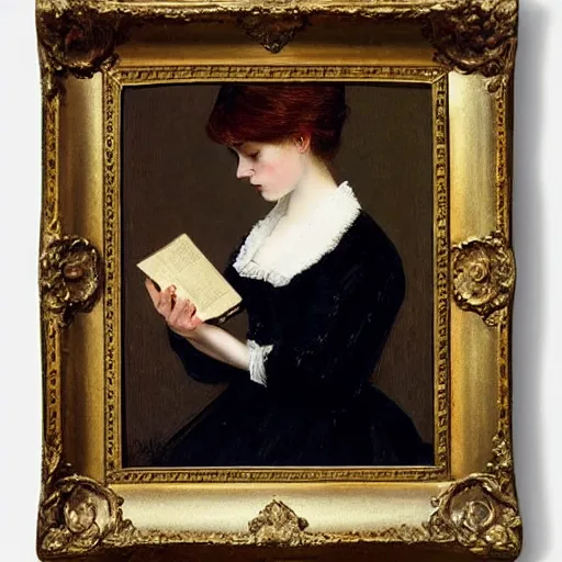 Prompt: young victorian lady being scared by the book she is reading, painted by alfred stevens