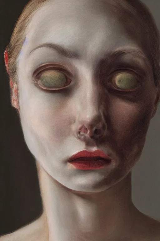 Prompt: hyperrealism close-up portrait of female, melting cyborg, church interior, pale skin, in style of classicism