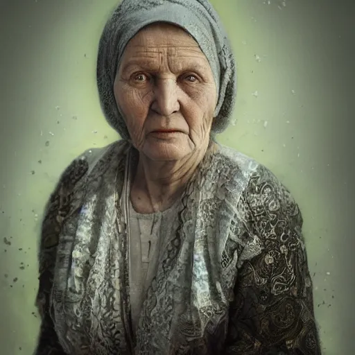 Prompt: hyperrealistic mixed media high resolution image of a Ukrainian grandmother, stunning 3d render inspired art by István Sándorfi and Greg Rutkowski and Unreal Engine, perfect symmetry, dim volumetric lighting, 8k octane beautifully detailed render, post-processing, extremely hyper-detailed, intricate, epic composition, highly detailed attributes, highly detailed atmosphere, full body shot, cinematic lighting, masterpiece, trending on artstation, very very detailed, masterpiece, stunning, flawless structure, lifelike texture, perfection,