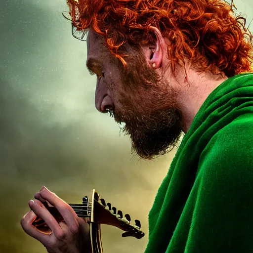 Prompt: side profile of a rugged man with curly red hair wearing a green cloak playing a guitar sitting on a roof top, medieval setting, atmospheric lighting, painted, intricate, volumetric lighting, beautiful, rich deep colours masterpiece, golden hour, sharp focus, ultra detailed, by leesha hannigan, ross tran, thierry doizon, kai carpenter, ignacio fernandez rios