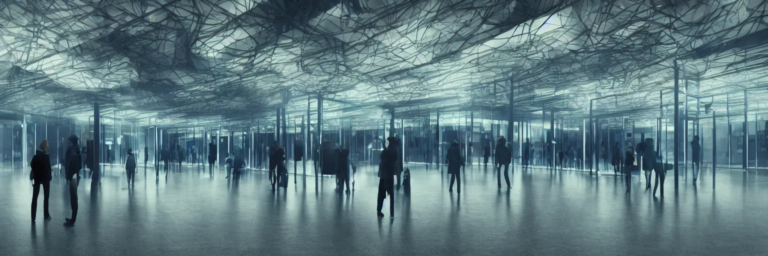 Image similar to some people waiting in bus stop in quiet dark city night, Inbetween worlds. Inside a Borg cube. Industrial labyrinth with an infinite staircase. Heigh ceiling. Fluorescent lighting. Mist. Color scheme dark blue. Gradient. Wide shot. Photoreal. Octane render. 4k. Artstation, concept art