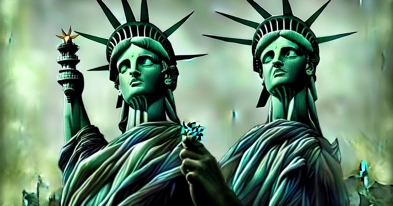 Prompt: statue of liberty lying in minecraft game, beautiful digital art, by bastien lecouffe deharme