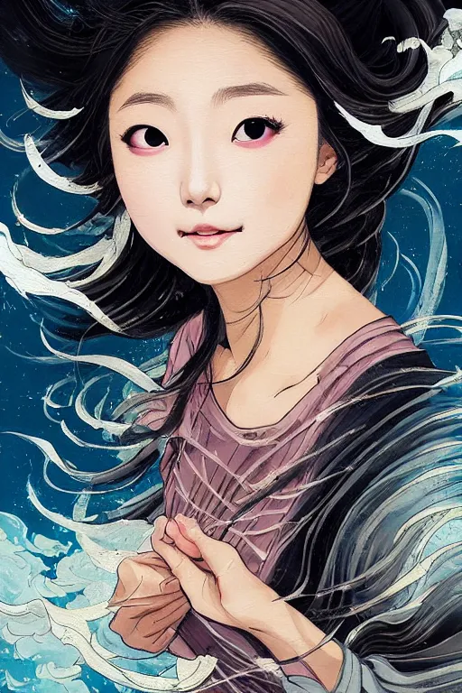 Image similar to beautiful young heroine like twice tzuyu+laughing+happy+smoky eyes+front face with light flowing hair smiling, great wave of hokusai, oil painting, portrait, acryllic spill, intricate complexity, rule of thirds, in the style of Kazuki Tanahashi, Genzoman, face by Artgerm and WLOP, fantasy character concept, Artgerm, watermark, blurry,cropped, 8k