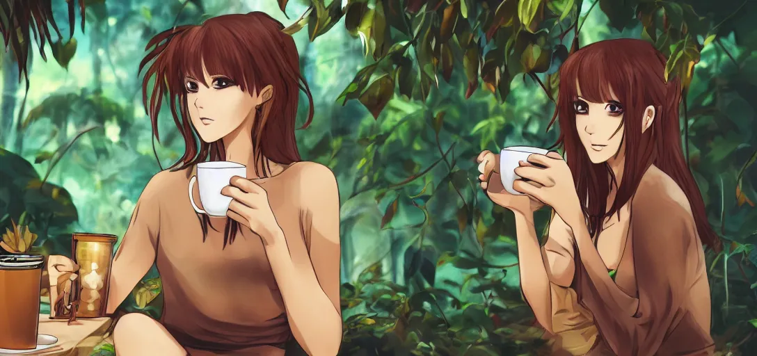 Image similar to woman drinking coffee in jungle, digital anime art, good lighting, 4 k