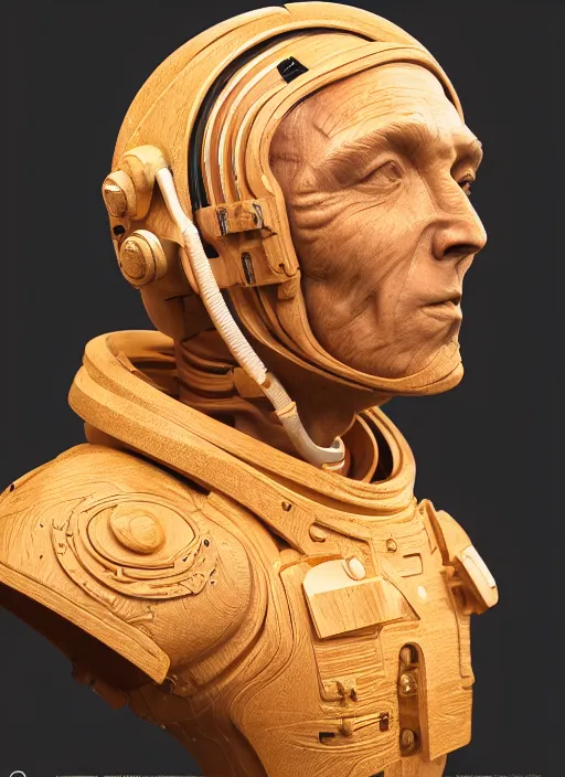 Image similar to high intricate bust of an astronaut carved from wood in baroque style, studio light, maria panfilova, andrea savchenko, mike kime, ludovic plouffe, qi sheng luo, oliver cook, trending on artstation