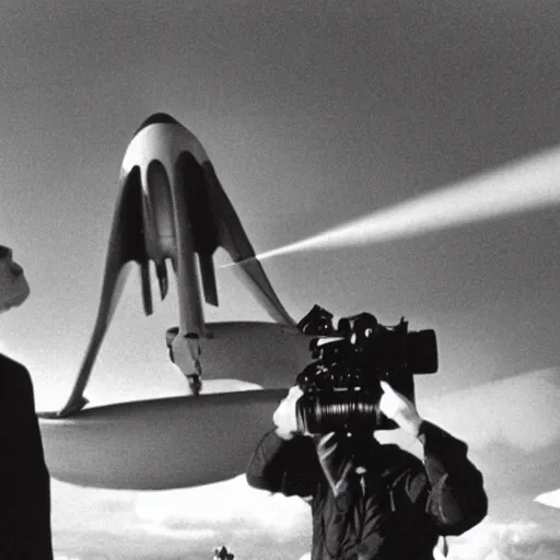 Prompt: Stanley Kubrick filming an alien invasion, jets chasing UFOs