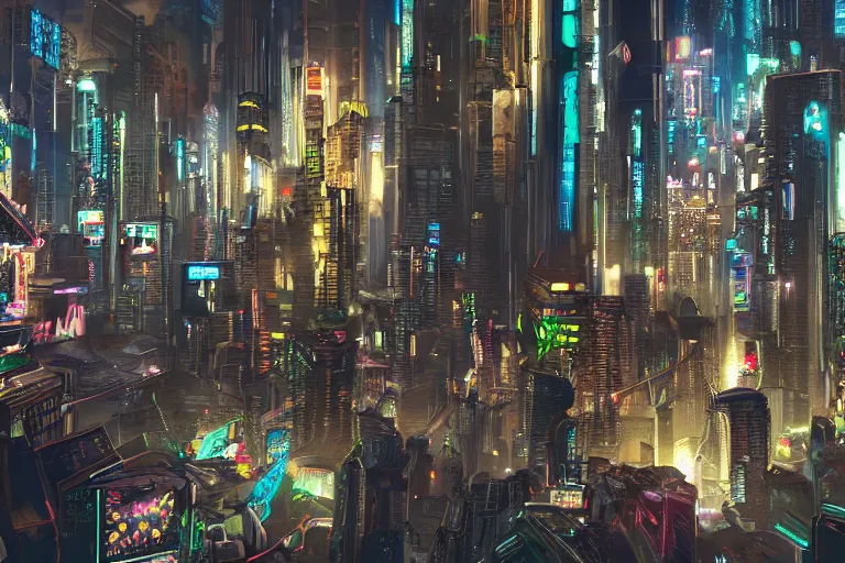 Prompt: a magnificent cyberpunk city. photorealism.