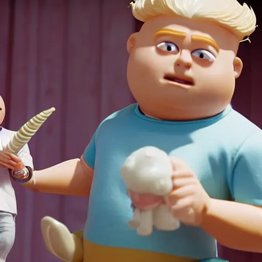 Image similar to Mr. clean riding a chubby balding blond guy and holding a unicorn toy, highly detailed, epic fantasy, film still, best shot, very long shot, 8K Imax