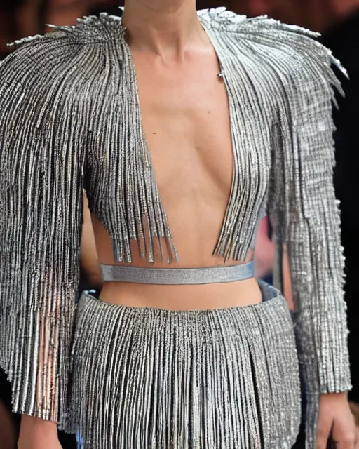 Prompt: nathalie portman at new york fashion week, in an outfit made from silver cutlery, by greg rutkowski, high fashion, female beauty, intricate detail, elegance, sharp shapes, soft lighting, vibrant colors, masterpiece