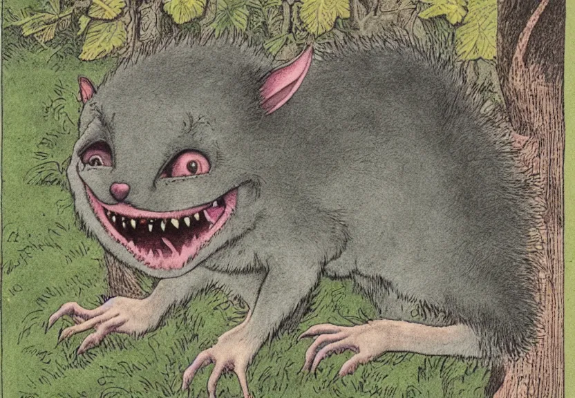 Image similar to possum monster in the wild, colorized, high detail, by Maurice Sendak