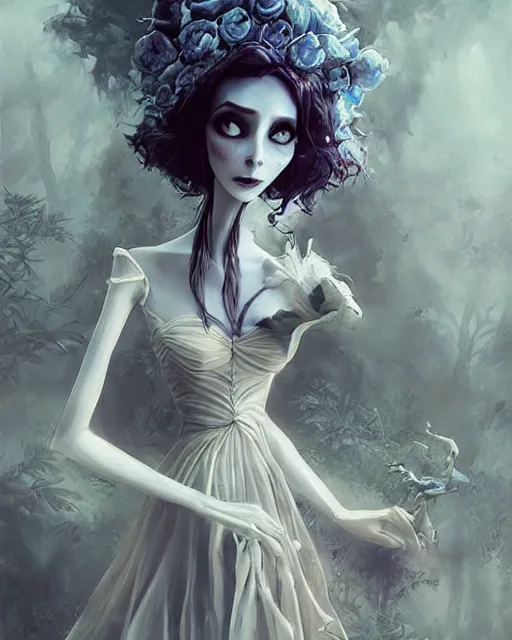 Image similar to elegant mysterious gracious undead victoria everglot from the corpse bride, portrait, illustration, the land of the death, piano in victorian front hall scene, rim light, top light, summer clear blue sky, perfectly shaded, soft painting, art by krenz cushart and wenjun lin