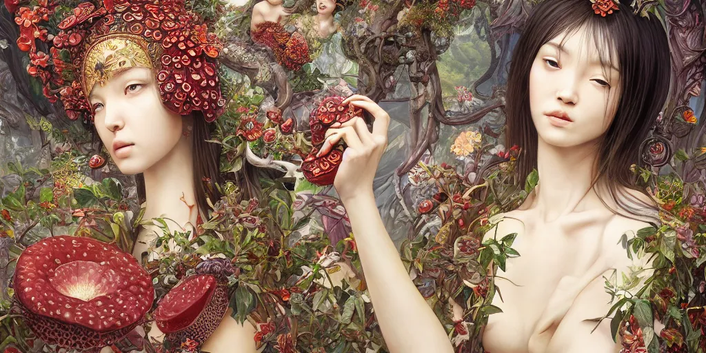 Image similar to breathtaking detailed concept art painting of the goddess of rafflesia arnoldii flowers, orthodox saint, with anxious, piercing eyes, ornate background, amalgamation of leaves and flowers, by Hsiao-Ron Cheng, James jean, Miho Hirano, Hayao Miyazaki, extremely moody lighting, 8K