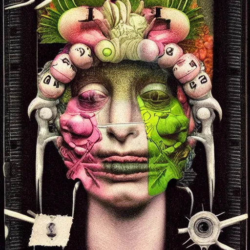 Image similar to post - punk new age album cover, asymmetrical design, frame of a dollar bank notes, capitalism, magic, apocalypse, psychedelic, black white pink, magic, giger h. r., giuseppe arcimboldo