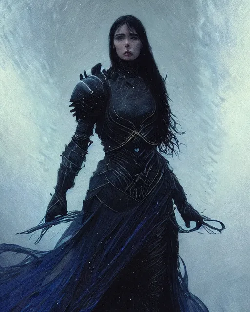 Image similar to a beautiful woman dark hair in an armor with dark eyes, elegant, dark blue, ethereal horror fantasy art by greg rutkowski and magali villeneuve and claude monet