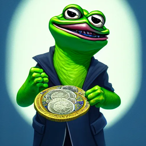 Image similar to super rich happy pepe, luxury, treasury, coins, money, hyper detalied, blue crystals, greg rutkowski, artstation