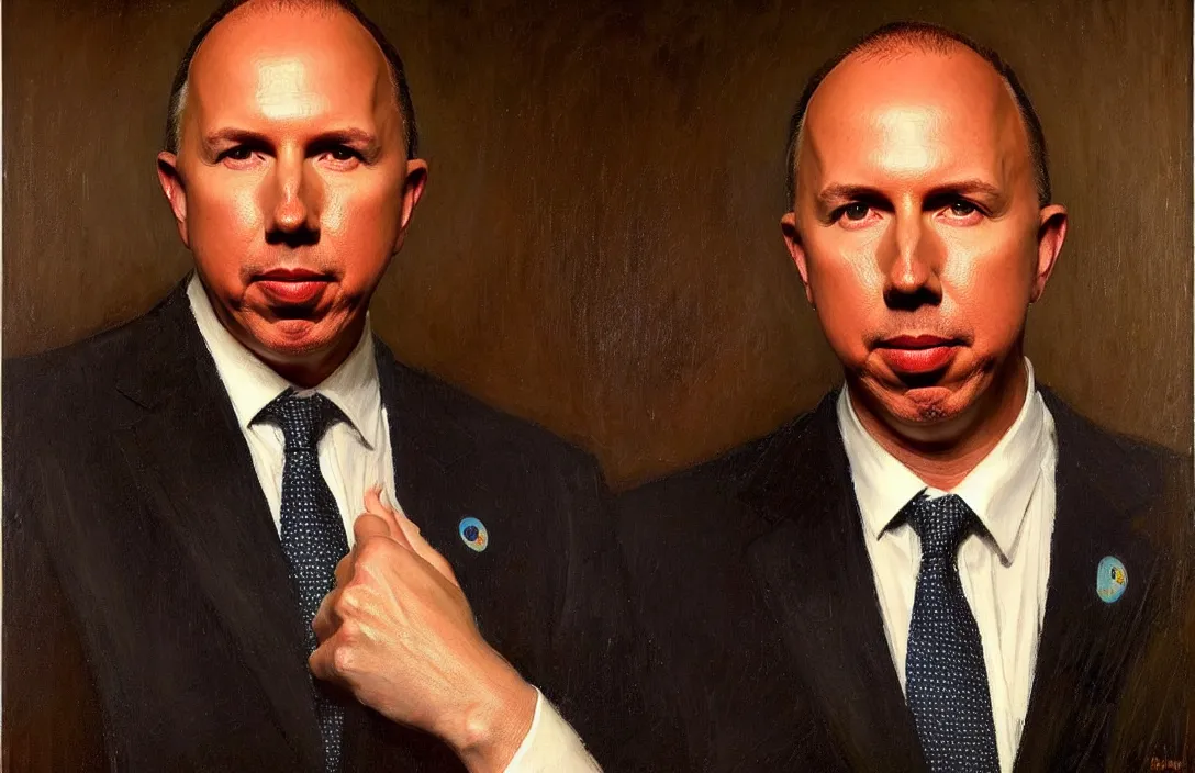 Image similar to portrait of peter dutton australian politician!!!!!!!!!!!!!!!!!!!!!!!!!!!, detailed face, detailed painting, epic lighting, by ilya repin, phil hale and kent williams