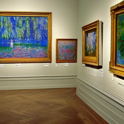 Prompt: An art gallery displaying Monet paintings. The art gallery is flooded. Robots are going around the art gallery using paddle boards