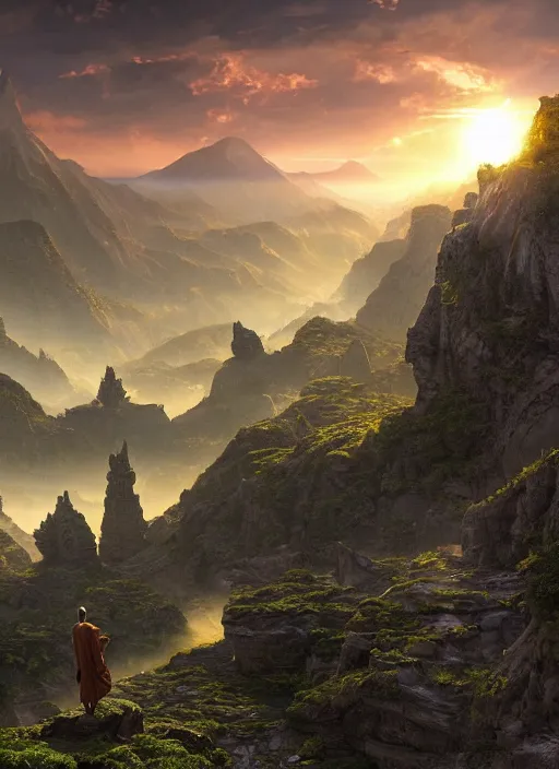 Prompt: a cosmic monk in lord of the rings scenery landscape, looking out at a gigantic temple made of alien architecture, lush valley, sunrise, god's rays, highly detailed, vivid color, cinematic lighting, perfect composition, 8 k, gustave dore, derek zabrocki, greg rutkowski, belsinski, octane render