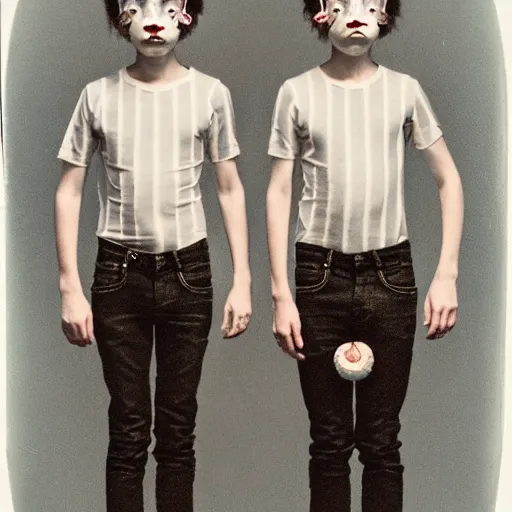 Image similar to polaroid photo :: creepy twin boys wearing striped clothes, black background:: by Martine Johanna and Simon Stålenhag and Chie Yoshii and Casey Weldon and Guillermo del toro :: ornate, dynamic, particulate, intricate, elegant, highly detailed, centered, artstation, smooth, sharp focus, octane render, 3d